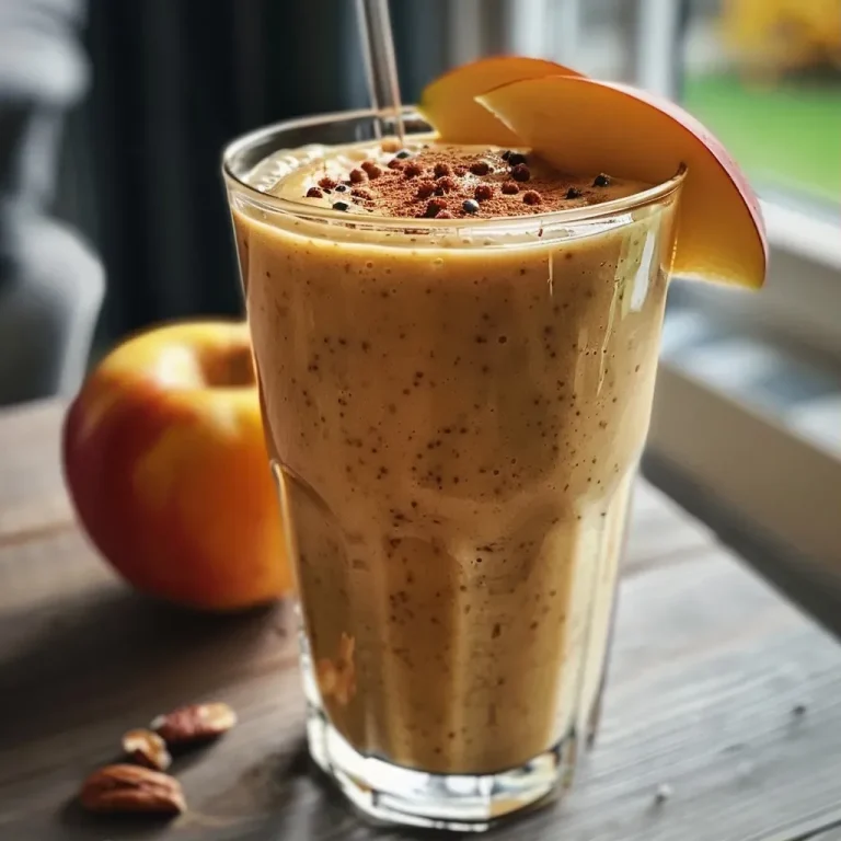 ['Close-up side view of a creamy Apfel-Zimt-Smoothie in a glass with a slice of apple and a sprinkle of cinnamon on top.', 'A side view of a delicious apple cinnamon smoothie in a glass with visible oats and a cinnamon stick garnishing the drink.', 'Side-angle photo of a textured Apfel-Zimt-Smoothie filled with apple pieces and topped with a dash of cinnamon.', 'Close-up view of a refreshing apple and cinnamon smoothie in a glass, with a vibrant hue and ingredients visible.']