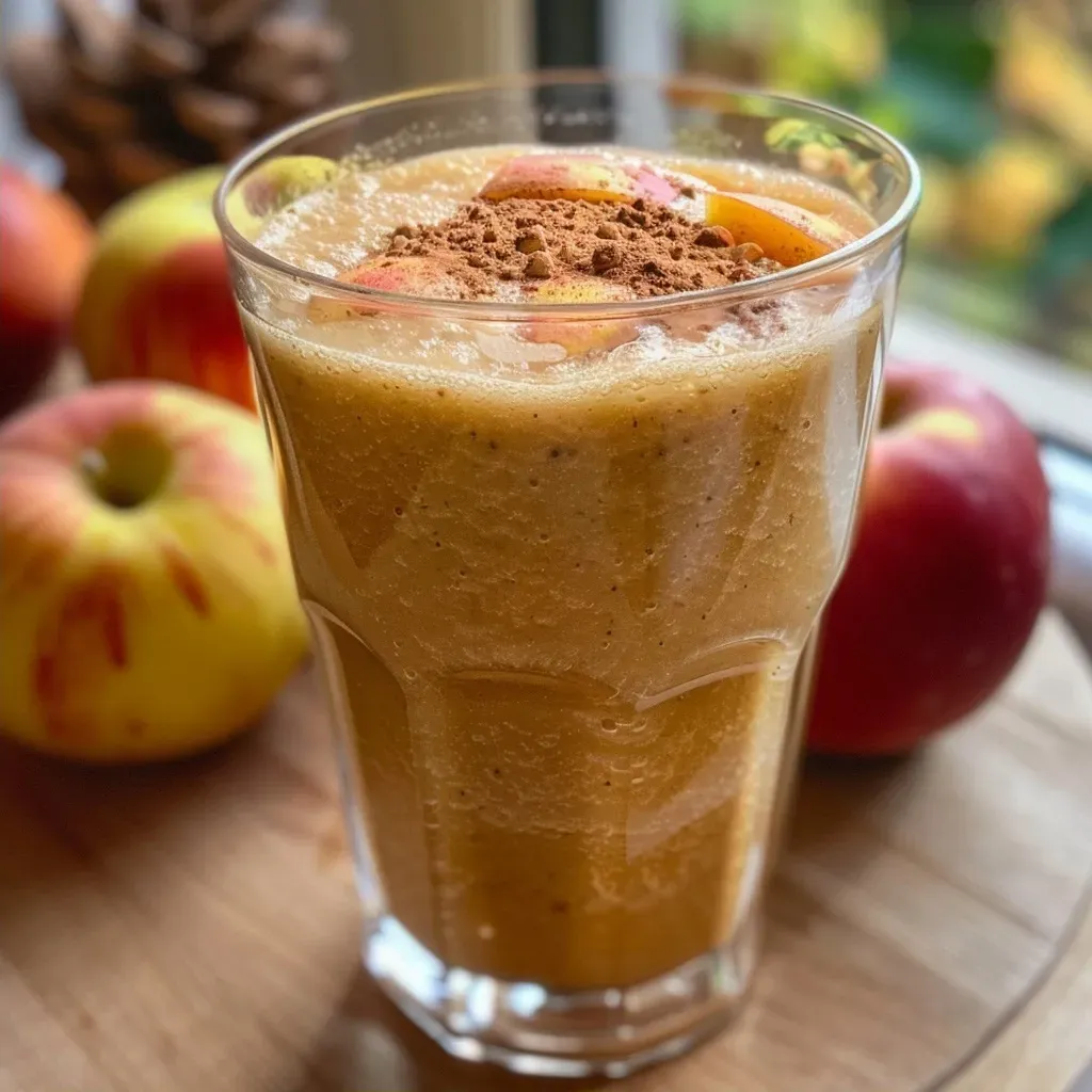['Close-up side view of a creamy Apfel-Zimt-Smoothie in a glass with a slice of apple and a sprinkle of cinnamon on top.', 'A side view of a delicious apple cinnamon smoothie in a glass with visible oats and a cinnamon stick garnishing the drink.', 'Side-angle photo of a textured Apfel-Zimt-Smoothie filled with apple pieces and topped with a dash of cinnamon.', 'Close-up view of a refreshing apple and cinnamon smoothie in a glass, with a vibrant hue and ingredients visible.']