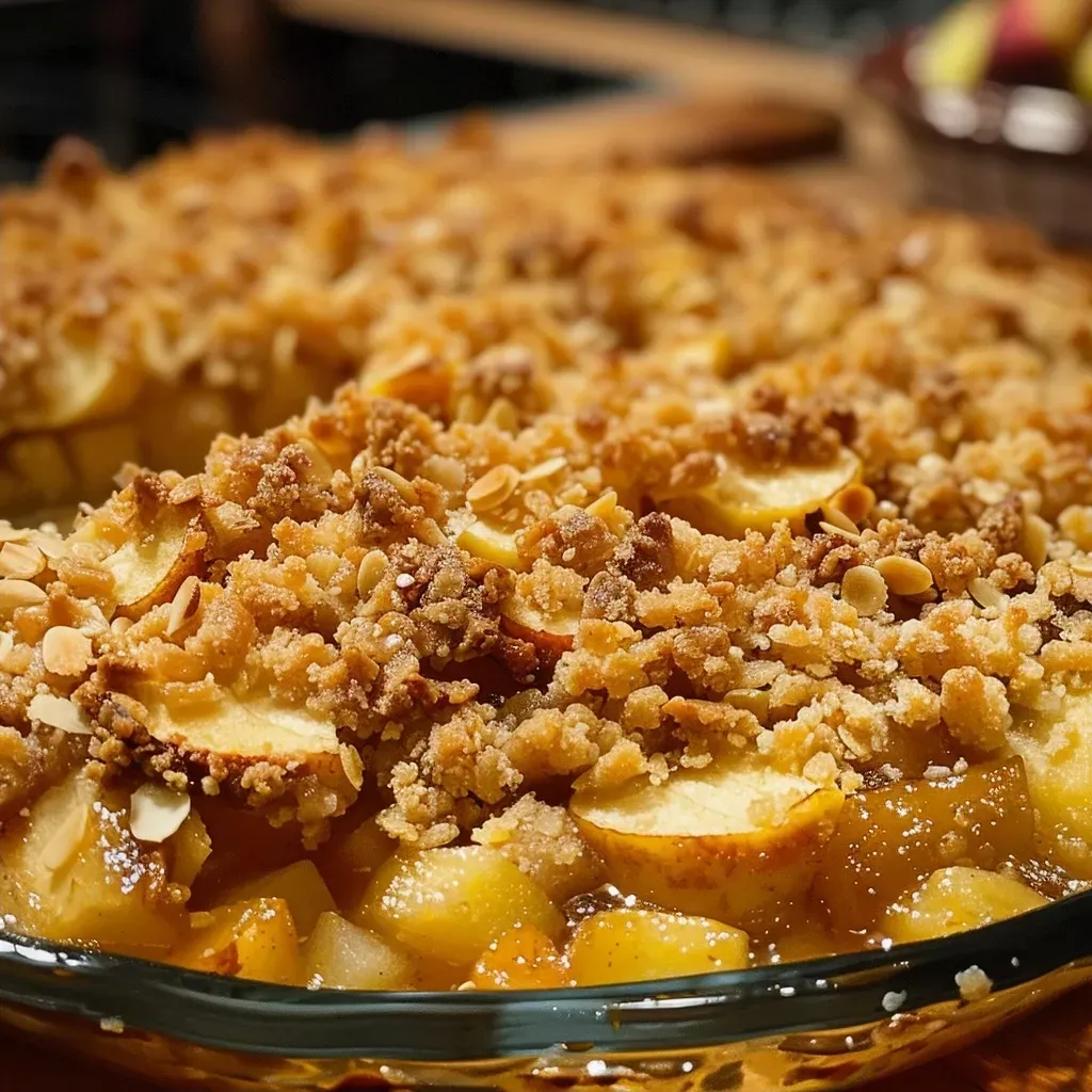 ['Close-up shot of a warm Apfelcrumble topped with caramelized walnuts.', 'Side view of freshly baked Apfelcrumble with a crispy topping and walnuts.', 'Juicy apple crumble topped with caramelized walnuts in a dish.', 'Delicious Apfelcrumble with a crunchy topping and walnut pieces.']