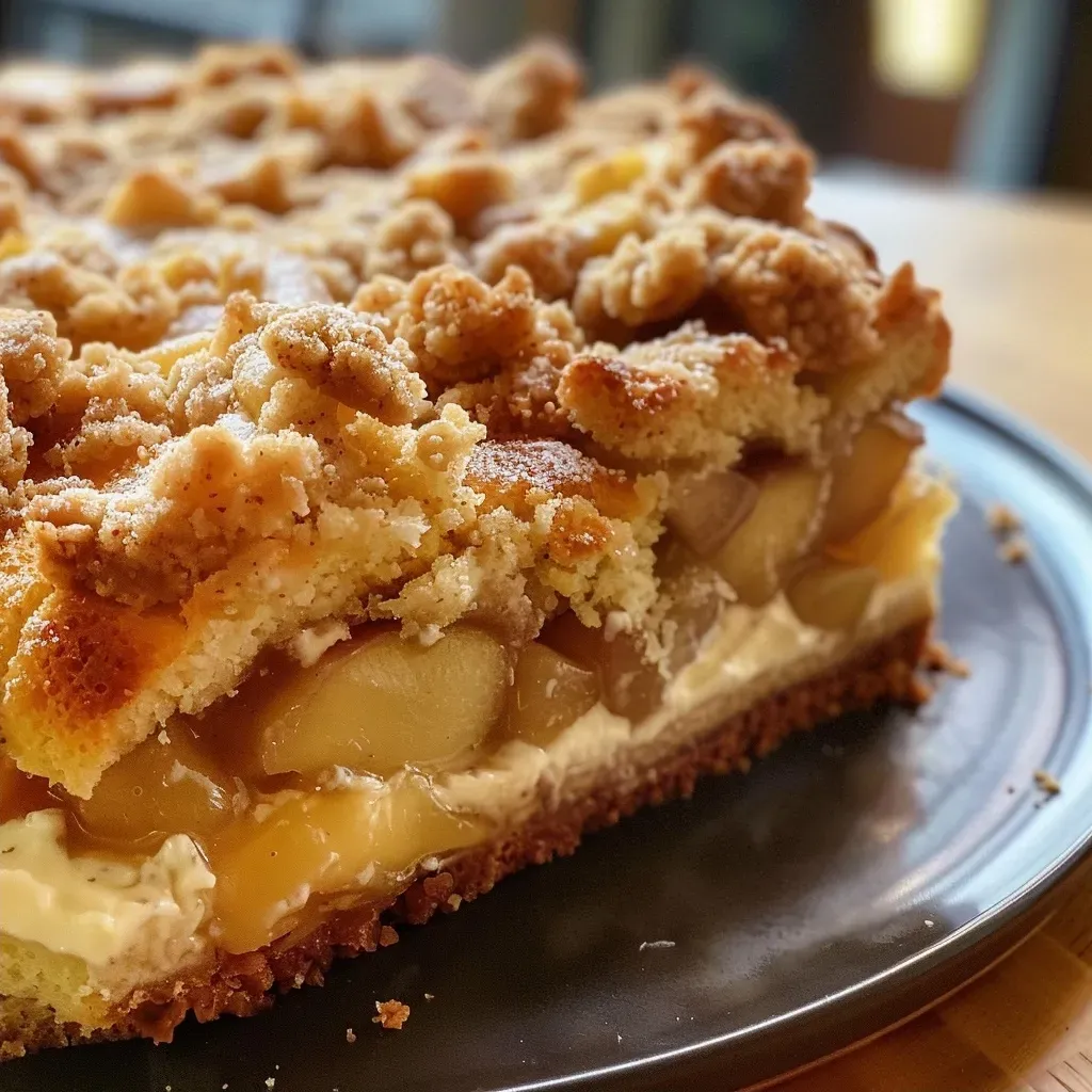 ['Close-up side view of Apfelkäsekuchen topped with crispy cinnamon streusel on a plate.', 'Delicious Apfelkäsekuchen with a golden-brown cinnamon crust and apple filling.', 'Side view of a slice of Apfelkäsekuchen showcasing a crumbly streusel topping.', 'A piece of Apfelkäsekuchen with visible layers of apple filling and streusel on a fork.']