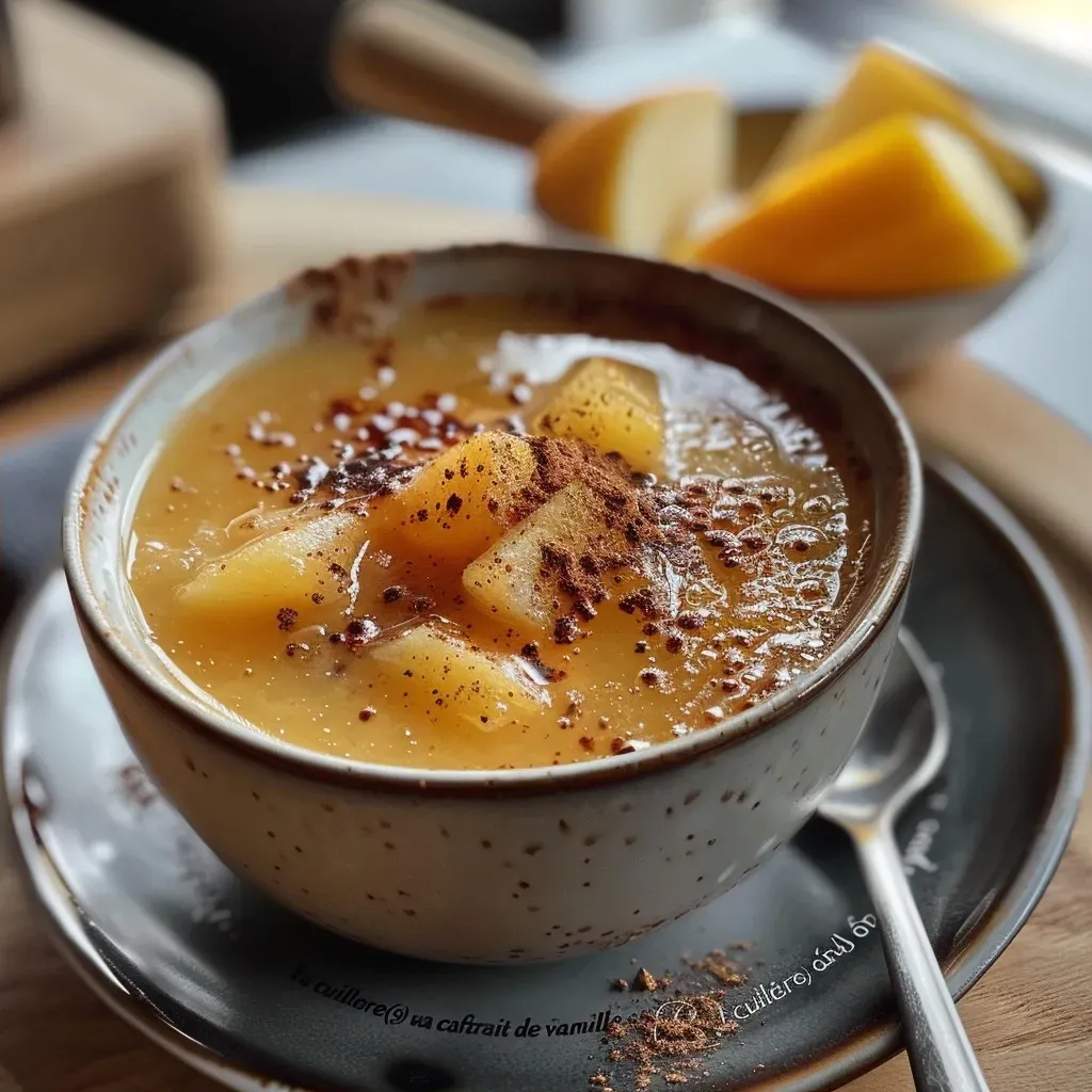 ['Close-up view of a bowl of homemade Apfelkompott with visible apple chunks.', 'Side view of a glass filled with warm Apfelkompott, garnished with a sprinkle of cinnamon.', 'Juicy apple compote in a clear dish, showcasing its texture and vibrant color.', 'A bowl of Apfelkompott with a spoon, highlighting the deliciousness of the dish.']