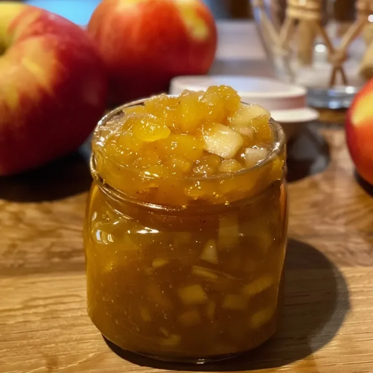 ['Close-up view of a jar of homemade Apfelmarmelade with fresh apples and ingredients.', 'A side view of a jar of apple jam surrounded by apples and cooking ingredients.', 'Juicy Apfelmarmelade in a jar, with apple slices and spices nearby.', 'A vibrant image of Apfelmarmelade, featuring apples and a vanilla pod in the background.']