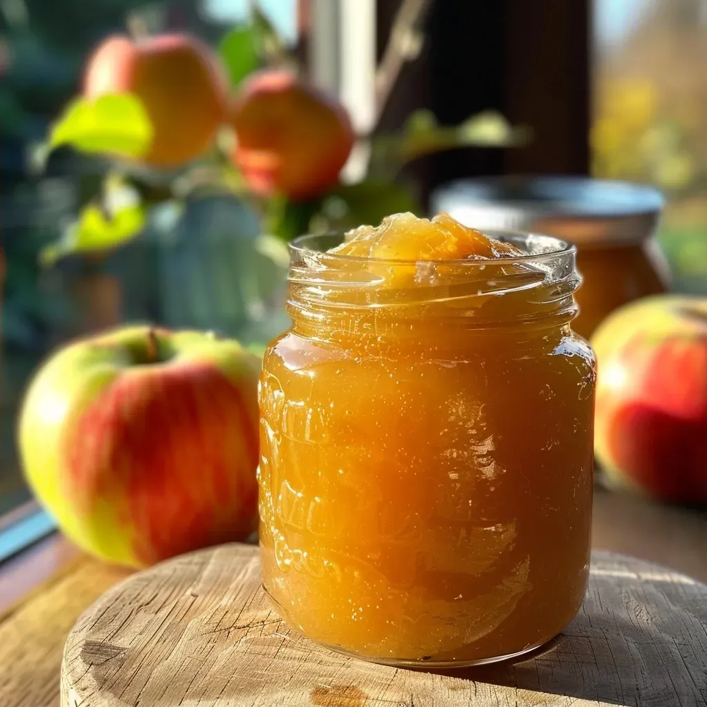 ['Close-up view of a jar of homemade Apfelmarmelade with fresh apples and ingredients.', 'A side view of a jar of apple jam surrounded by apples and cooking ingredients.', 'Juicy Apfelmarmelade in a jar, with apple slices and spices nearby.', 'A vibrant image of Apfelmarmelade, featuring apples and a vanilla pod in the background.']