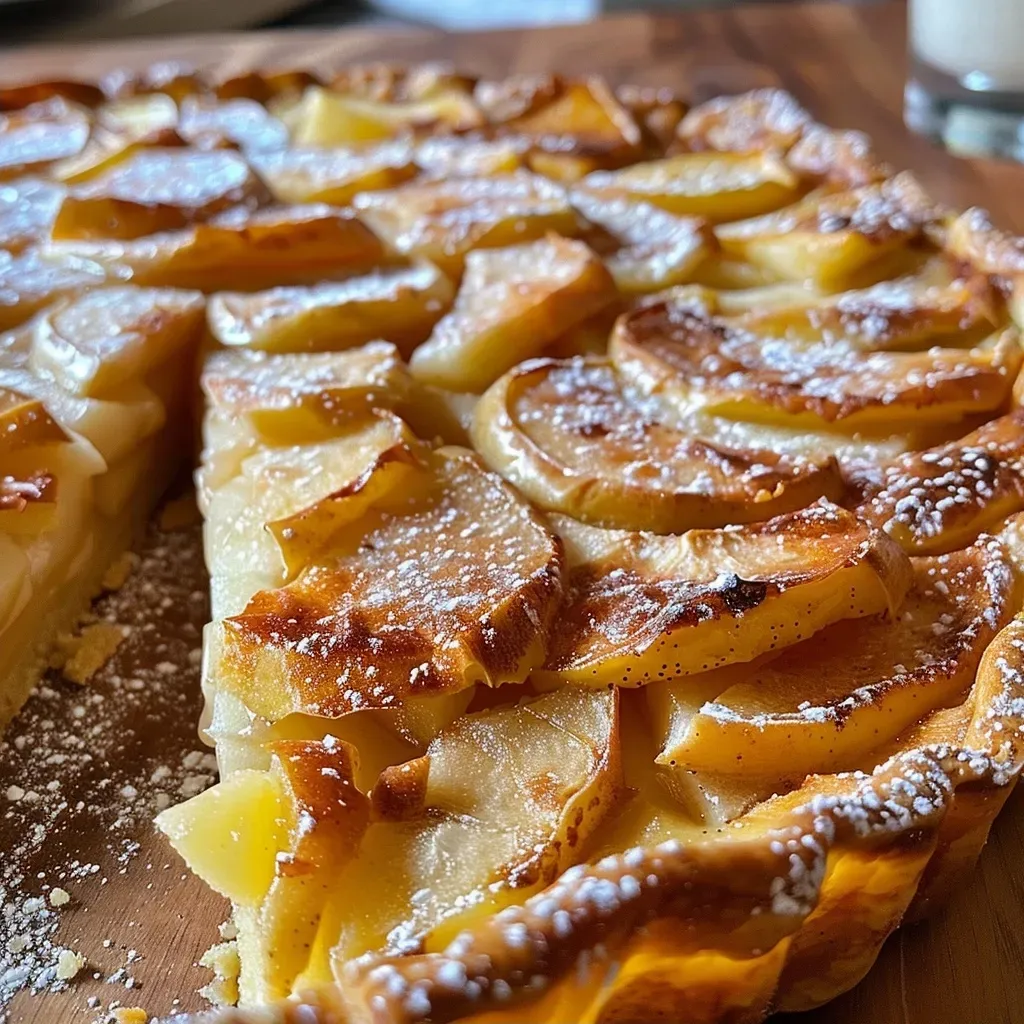 ['Close-up view of fluffy Apfelpfannkuchen topped with powdered sugar.', 'Side view of golden Apfelpfannkuchen with apple slices, showcasing its fluffy texture.', 'Juicy Apfelpfannkuchen presented on a plate, highlighting its deliciousness and ingredients.', 'Detailed shot of warm Apfelpfannkuchen, featuring the crispy edges and soft center.']