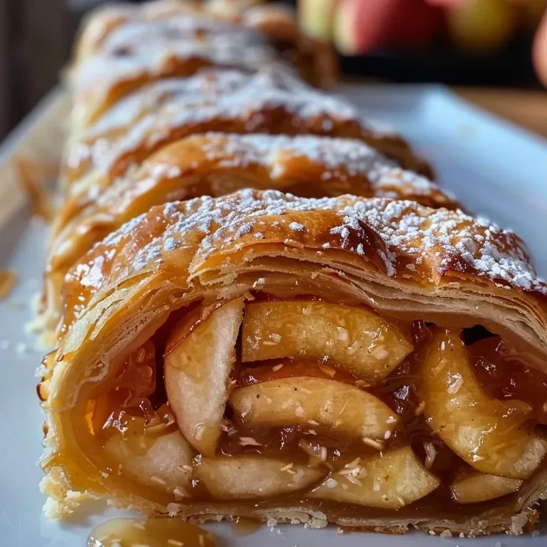 ['Close-up of a juicy Apfelrolle with visible apple slices and a golden-brown pastry.', 'Side view of a freshly baked Apfelrolle, showcasing its flaky texture and apple filling.', 'Detailed shot of an Apfelrolle, highlighting apples and a dusting of powdered sugar.', 'Appetizing side view of an Apfelrolle, with rich colors and delicious apple layers.']