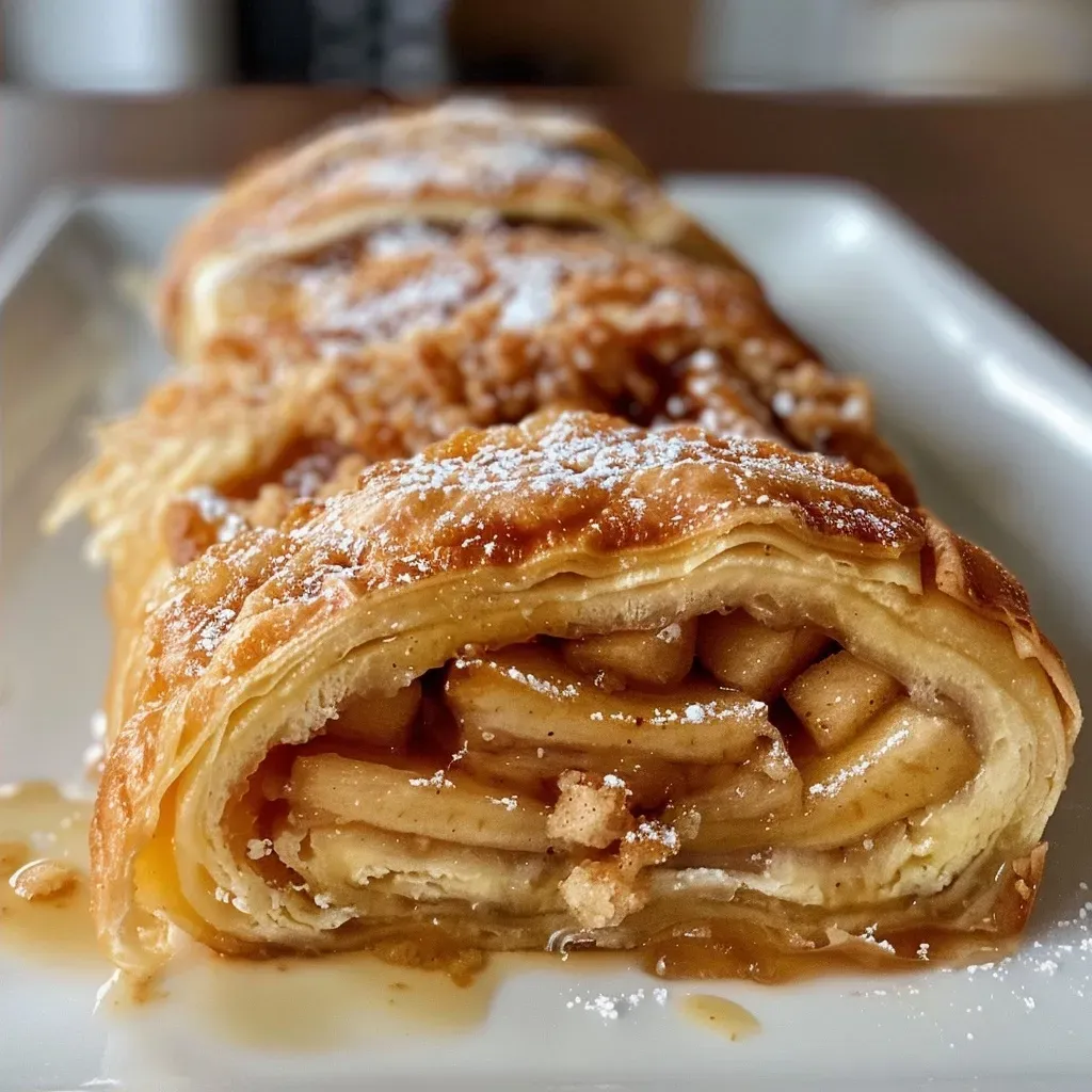 ['Close-up of a juicy Apfelrolle with visible apple slices and a golden-brown pastry.', 'Side view of a freshly baked Apfelrolle, showcasing its flaky texture and apple filling.', 'Detailed shot of an Apfelrolle, highlighting apples and a dusting of powdered sugar.', 'Appetizing side view of an Apfelrolle, with rich colors and delicious apple layers.']
