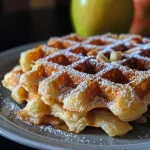 ['Close-up view of Apfelwaffeln ohne Zucker, highlighting their golden-brown texture and apple chunks.', 'Side perspective of sugar-free apple waffles with a garnish, showcasing their fluffy appearance.', 'Detailed image of healthy Apfelwaffeln without sugar, emphasizing the fresh apple slices and light batter.', 'Vivid close-up of a stack of Apfelwaffeln ohne Zucker, capturing the juicy apple bits in the waffles.']