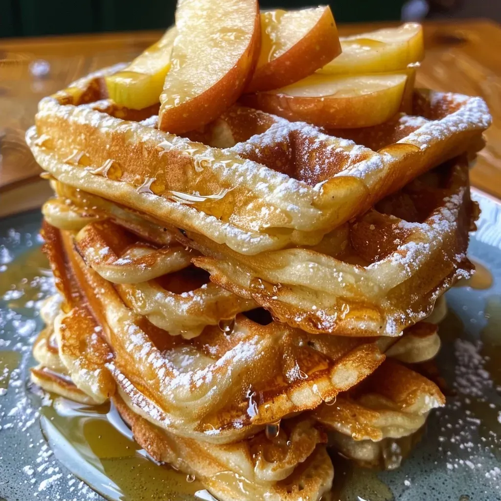['Close-up view of Apfelwaffeln ohne Zucker, highlighting their golden-brown texture and apple chunks.', 'Side perspective of sugar-free apple waffles with a garnish, showcasing their fluffy appearance.', 'Detailed image of healthy Apfelwaffeln without sugar, emphasizing the fresh apple slices and light batter.', 'Vivid close-up of a stack of Apfelwaffeln ohne Zucker, capturing the juicy apple bits in the waffles.']