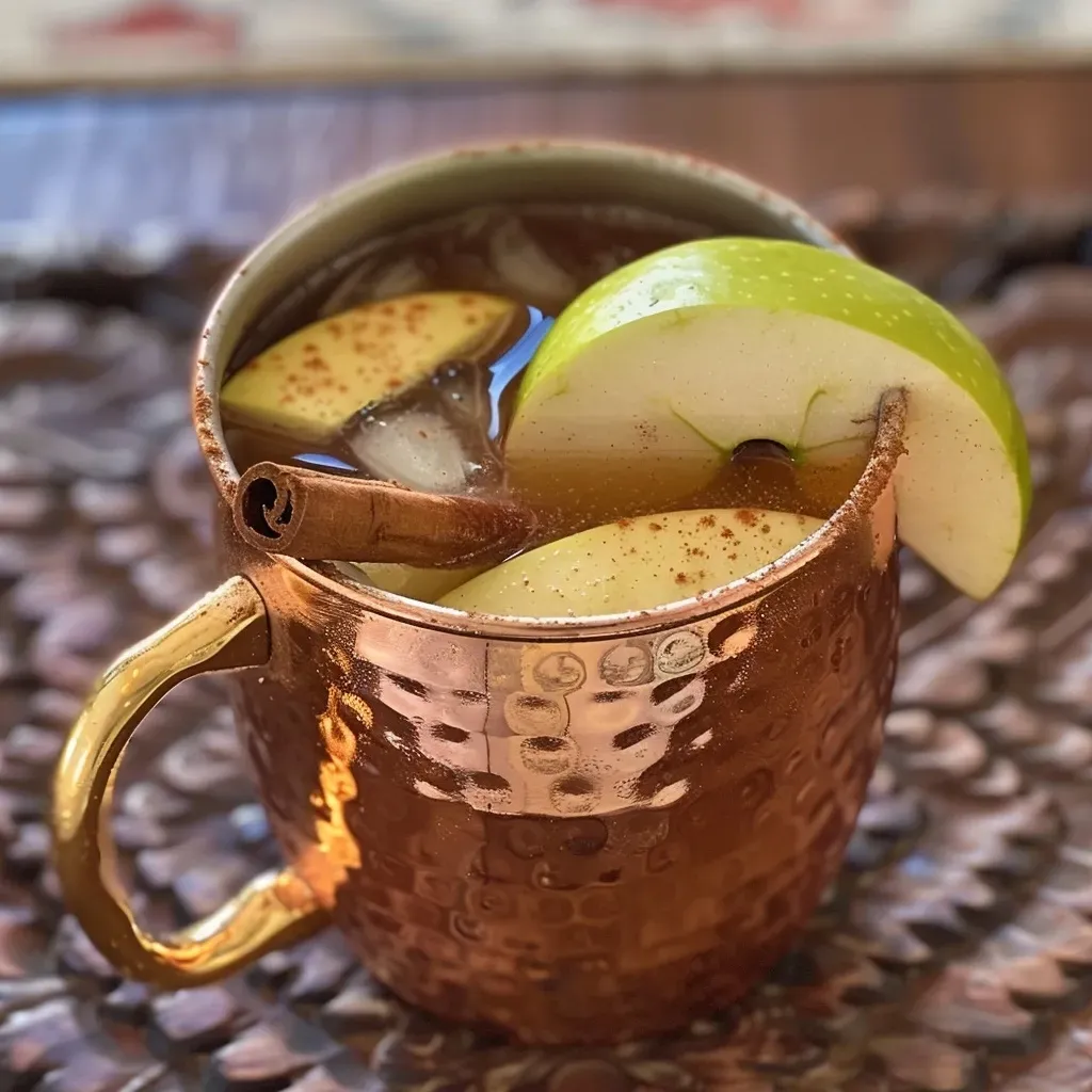 ['Close-up view of a refreshing Apple Cider Mule cocktail with apple cider and a cinnamon stick.', 'Side view of a glass filled with Apple Cider Mule, showcasing the vibrant liquid and spices.', 'Juicy, golden-brown Apple Cider Mule with a cinnamon stick, captured in a close-up shot.', 'Detailed image of an Apfelwein Mule cocktail featuring apple cider and cinnamon, viewed from the side.']
