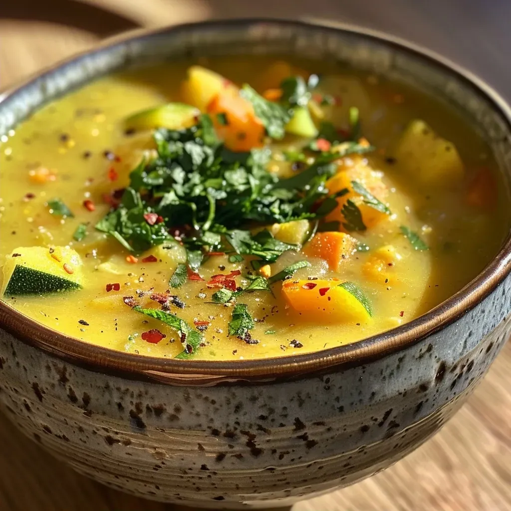 ['Close-up of a warm Ayurvedic soup with vibrant vegetables.', 'Side view of a bowl filled with Ayurvedic soup, showcasing fresh ingredients.', 'Delicious Ayurvedic soup with ginger and spices in a rustic bowl.', 'Lush, hearty Ayurvedic soup featuring carrots, zucchini, and herbs.']