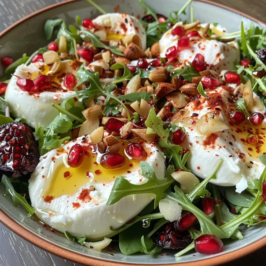 ['Close-up of a colorful Birnen-Burrata salad featuring sliced pears and creamy burrata.', 'Side view of a delicious salad with fresh greens, caramelized walnuts, and pomegranate seeds.', 'Detailed shot of a vibrant salad with pear slices, burrata cheese, and red onion.', 'Fresh Birnen-Burrata salad garnished with walnuts and pomegranate, showcasing its textures.']