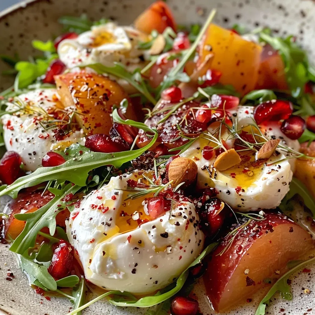 Close-up of a colorful Birnen-Burrata salad featuring sliced pears and creamy burrata.