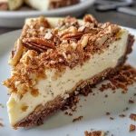 ['Side view of a juicy Birnen-Cheesecake topped with crunchy streusels.', 'Close-up of a slice of Birnen-Cheesecake featuring golden, crunchy toppings.', 'A flavorful cheesecake with visible layers of fruit and streusel on top.', 'Slice of Birnen-Cheesecake, showcasing creamy filling and crumbly streusel.']