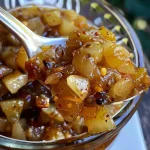 ['Close-up view of a jar filled with Birnen Chutney, showcasing its chunky texture and spices.', 'Side profile of a jar of Birnen Chutney with visible pieces of pear and spices, glistening under light.', 'A vibrant jar of Birnen Chutney, highlighting its rich color and ingredients like chili and cinnamon.', 'Detailed image of Birnen Chutney in a jar, emphasizing the fresh pears and aromatic spices.']