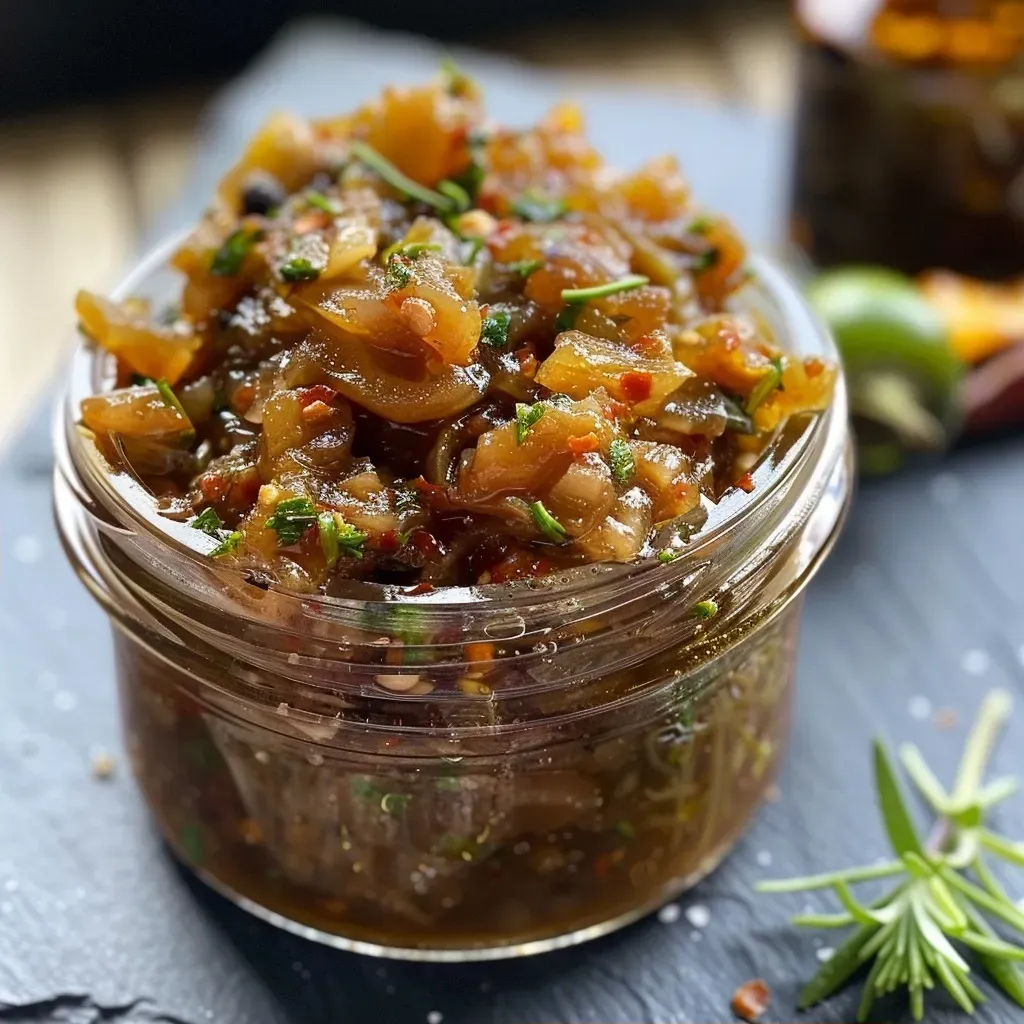 ['Close-up view of a jar filled with Birnen Chutney, showcasing its chunky texture and spices.', 'Side profile of a jar of Birnen Chutney with visible pieces of pear and spices, glistening under light.', 'A vibrant jar of Birnen Chutney, highlighting its rich color and ingredients like chili and cinnamon.', 'Detailed image of Birnen Chutney in a jar, emphasizing the fresh pears and aromatic spices.']