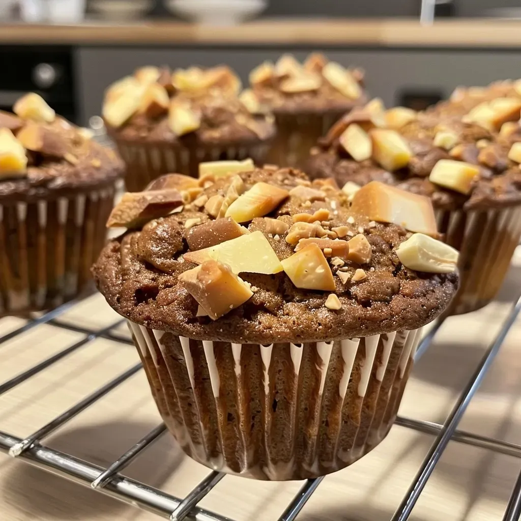 ['A close-up side view of a chocolate and pear muffin, showcasing its marbled texture.', 'Juicy Birnen Marmor Muffins displayed, highlighting the rich chocolate and pear blend.', 'Side view of a moist muffin with a mix of chocolate and pear, featuring a glossy finish.', 'Detailed shot of freshly baked marble muffins with pear pieces and chocolate swirls.']