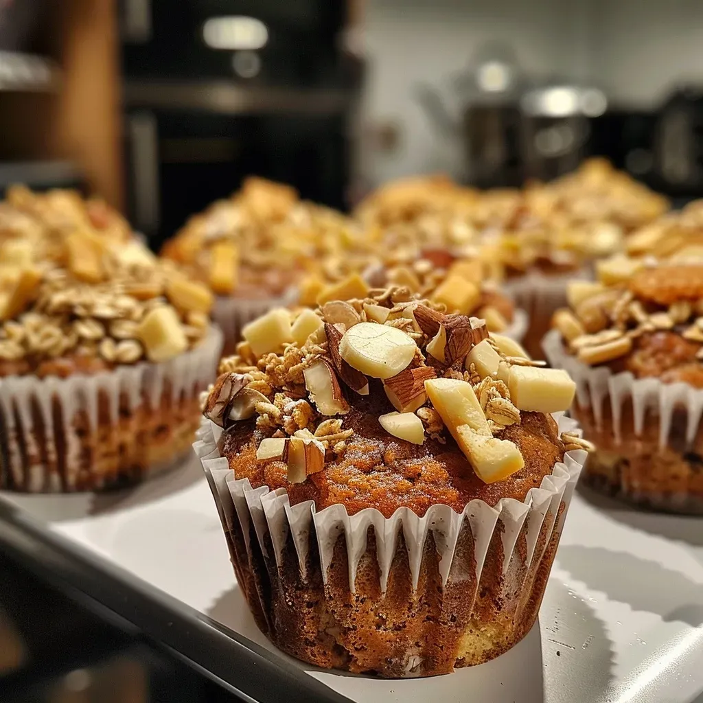 ['Close-up view of a single Birnen Muffin with a moist texture and pieces of pear visible.', 'Side view of a freshly baked Birnen Muffin, showcasing its golden brown top and crumbly surface.', 'Juicy Birnen Muffin captured in a close-up, highlighting the soft interior with pear chunks.', 'A detailed look at a delicious Birnen Muffin, emphasizing its fluffy texture and rich color.']