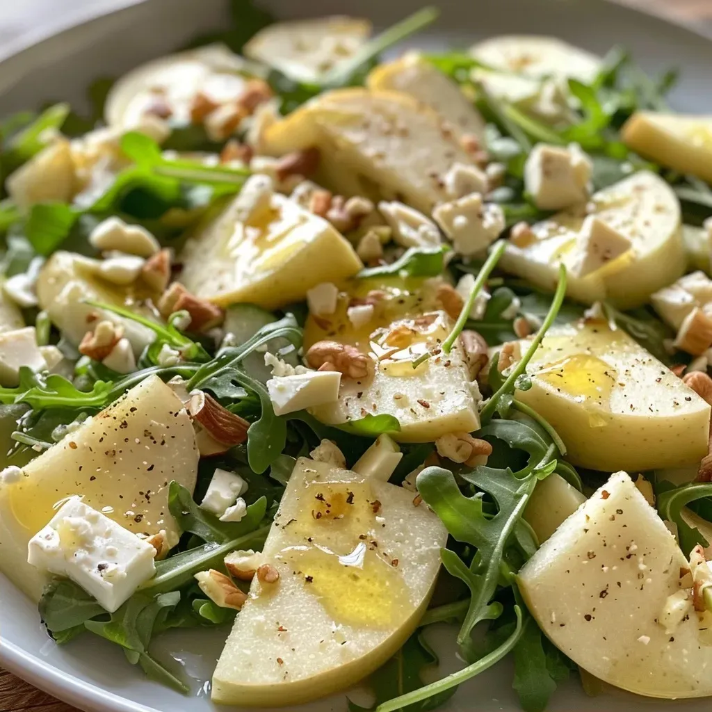 ['Close-up view of a colorful Birnen-Ziegenkäsesalat with pear slices and goat cheese.', 'Detailed shot of a fresh salad featuring greens, pears, and walnuts topped with goat cheese.', 'Side perspective of a vibrant salad with mixed greens, ripe pears, and crumbled goat cheese.', 'Close-up of Birnen-Ziegenkäsesalat against a simple background, highlighting its fresh ingredients.']