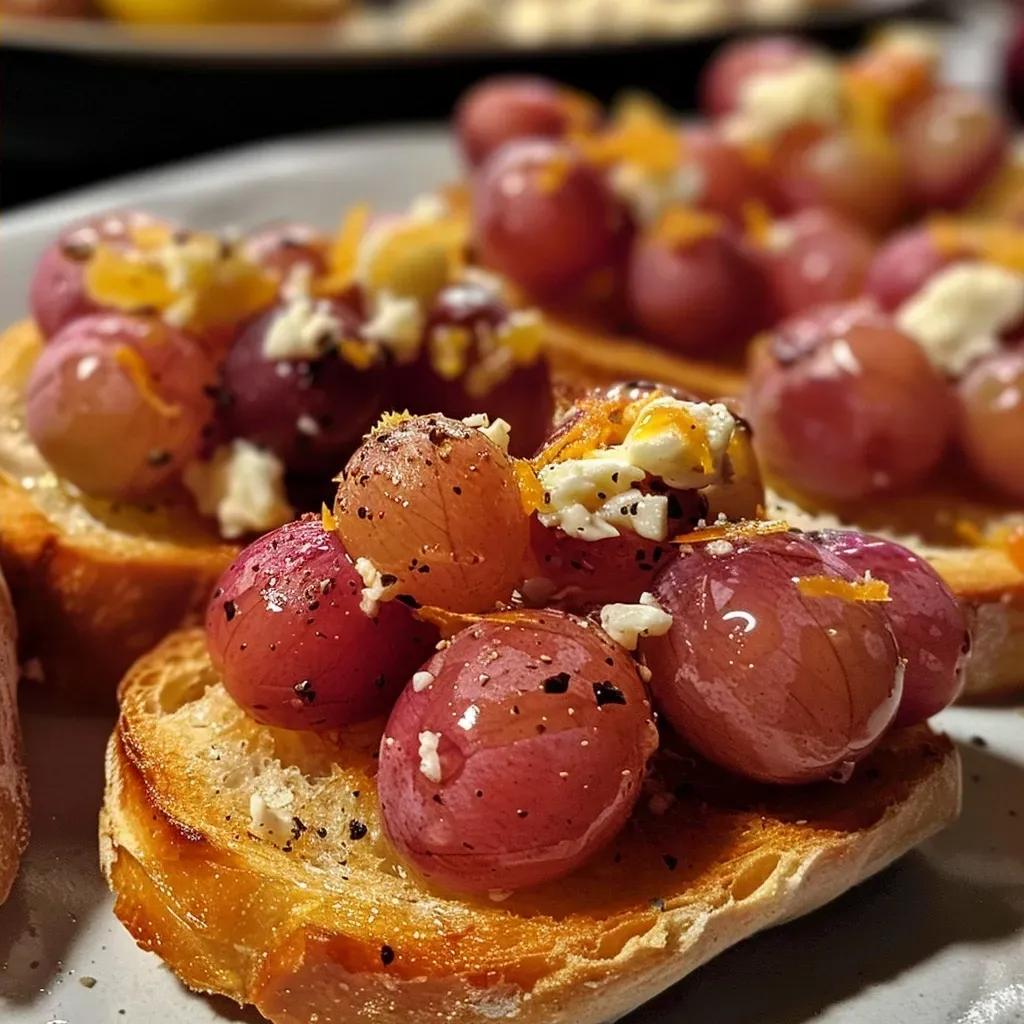 ['Close-up view of roasted grape bruschetta topped with whipped feta and orange zest.', 'Side view of bruschetta with juicy roasted grapes, creamy feta, and garnished with orange zest.', 'Appetizing bruschetta featuring roasted grapes and whipped feta on toasted baguette slices.', 'Delicious roasted grape and feta bruschetta displayed on a rustic wooden serving board.']