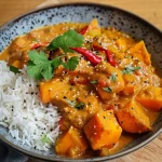 ['Close-up view of creamy Butternut pumpkin curry in a bowl.', 'Juicy Butternut curry with vibrant colors and garnished with fresh coriander.', 'Side view of a bowl filled with aromatic butternut curry, showcasing its creamy texture.', 'Close-up of a delicious butternut curry with spices and ingredients visible.']
