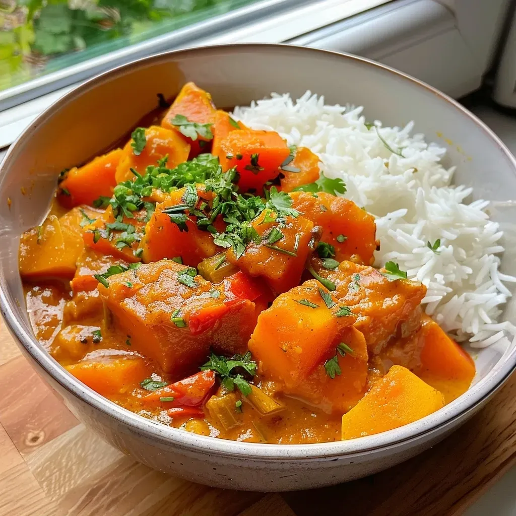 ['Close-up view of creamy Butternut pumpkin curry in a bowl.', 'Juicy Butternut curry with vibrant colors and garnished with fresh coriander.', 'Side view of a bowl filled with aromatic butternut curry, showcasing its creamy texture.', 'Close-up of a delicious butternut curry with spices and ingredients visible.']