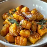 ['Close-up view of golden butternut squash gnocchi with a sage leaf garnish.', 'Juicy butternut squash gnocchi served with melted butter and herbs on a plate.', 'Side view of soft and succulent butternut squash gnocchi, sprinkled with Parmesan cheese.', 'A delicious serving of butternut squash gnocchi, rich in color with visible herbs and butter.']