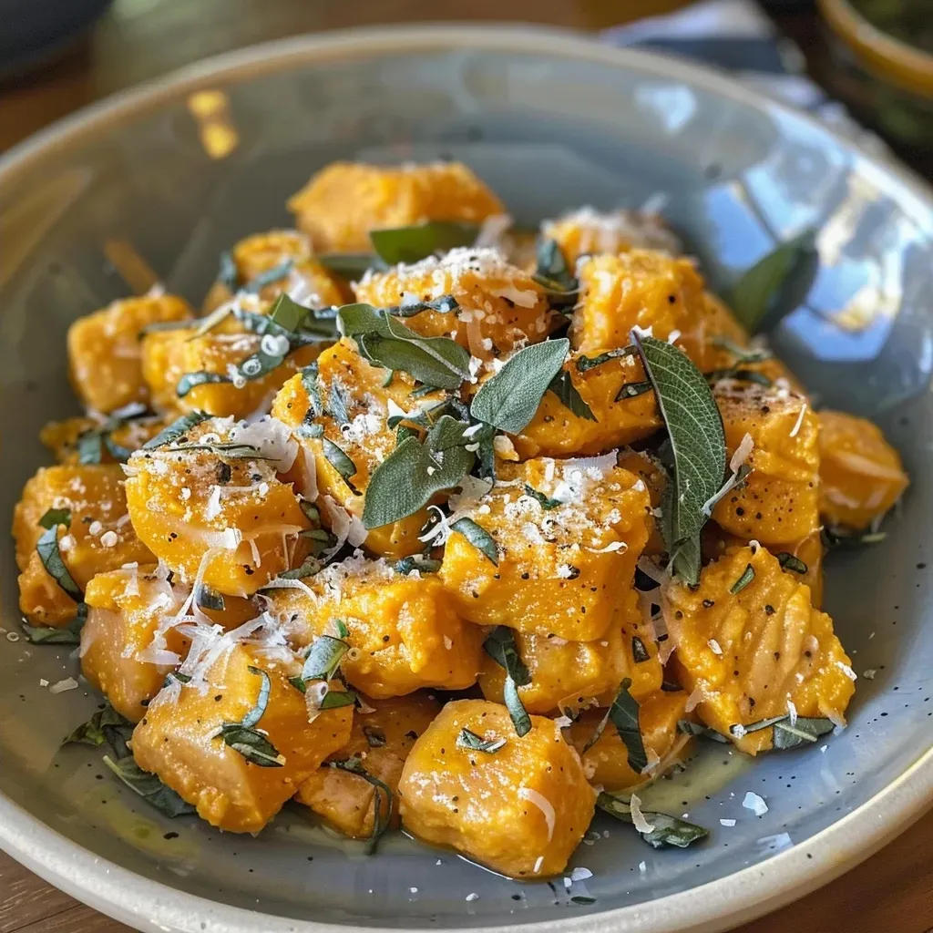 ['Close-up view of golden butternut squash gnocchi with a sage leaf garnish.', 'Juicy butternut squash gnocchi served with melted butter and herbs on a plate.', 'Side view of soft and succulent butternut squash gnocchi, sprinkled with Parmesan cheese.', 'A delicious serving of butternut squash gnocchi, rich in color with visible herbs and butter.']