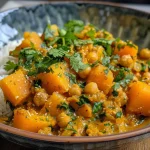 ['Close-up view of a steaming bowl of Butternut Squash and Chickpea Curry.', 'Side view of a vibrant curry with butternut squash and chickpeas, garnished with fresh cilantro.', 'Hearty dish of curry with cubes of butternut squash, chickpeas, and spinach in a creamy sauce.', 'Colorful presentation of a chickpea curry featuring butternut squash and spices, served in a bowl.']