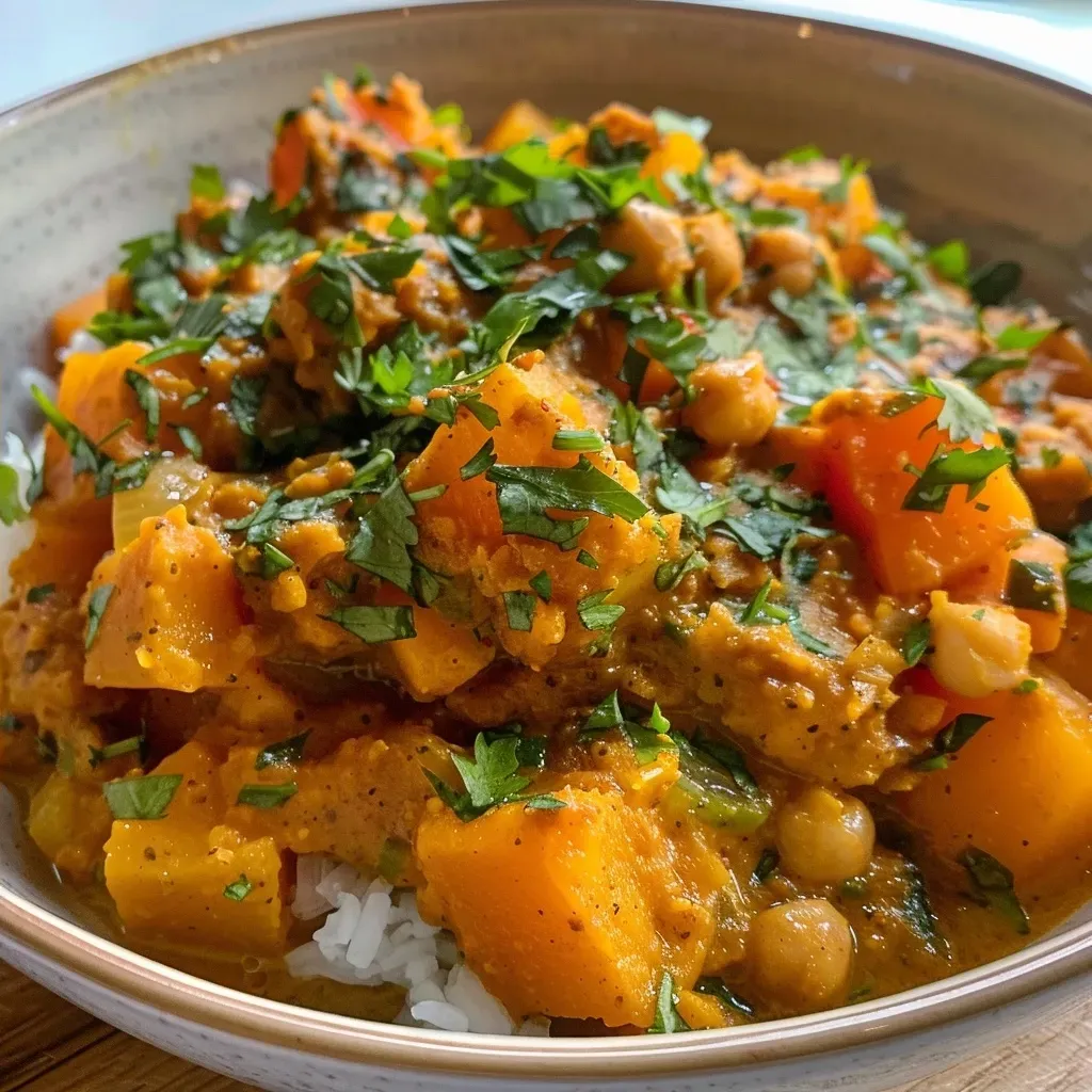 ['Close-up view of a steaming bowl of Butternut Squash and Chickpea Curry.', 'Side view of a vibrant curry with butternut squash and chickpeas, garnished with fresh cilantro.', 'Hearty dish of curry with cubes of butternut squash, chickpeas, and spinach in a creamy sauce.', 'Colorful presentation of a chickpea curry featuring butternut squash and spices, served in a bowl.']