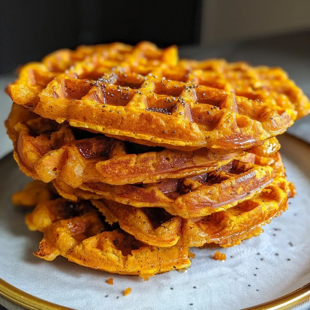 ['A close-up view of golden-brown butternut squash waffles with a crispy exterior.', 'Juicy butternut squash waffles topped with syrup and a side of fresh fruit.', 'Side view of fluffy butternut squash waffles drizzled with maple syrup on a plate.', 'A stack of butternut squash waffles, showcasing their delicious texture and color.']