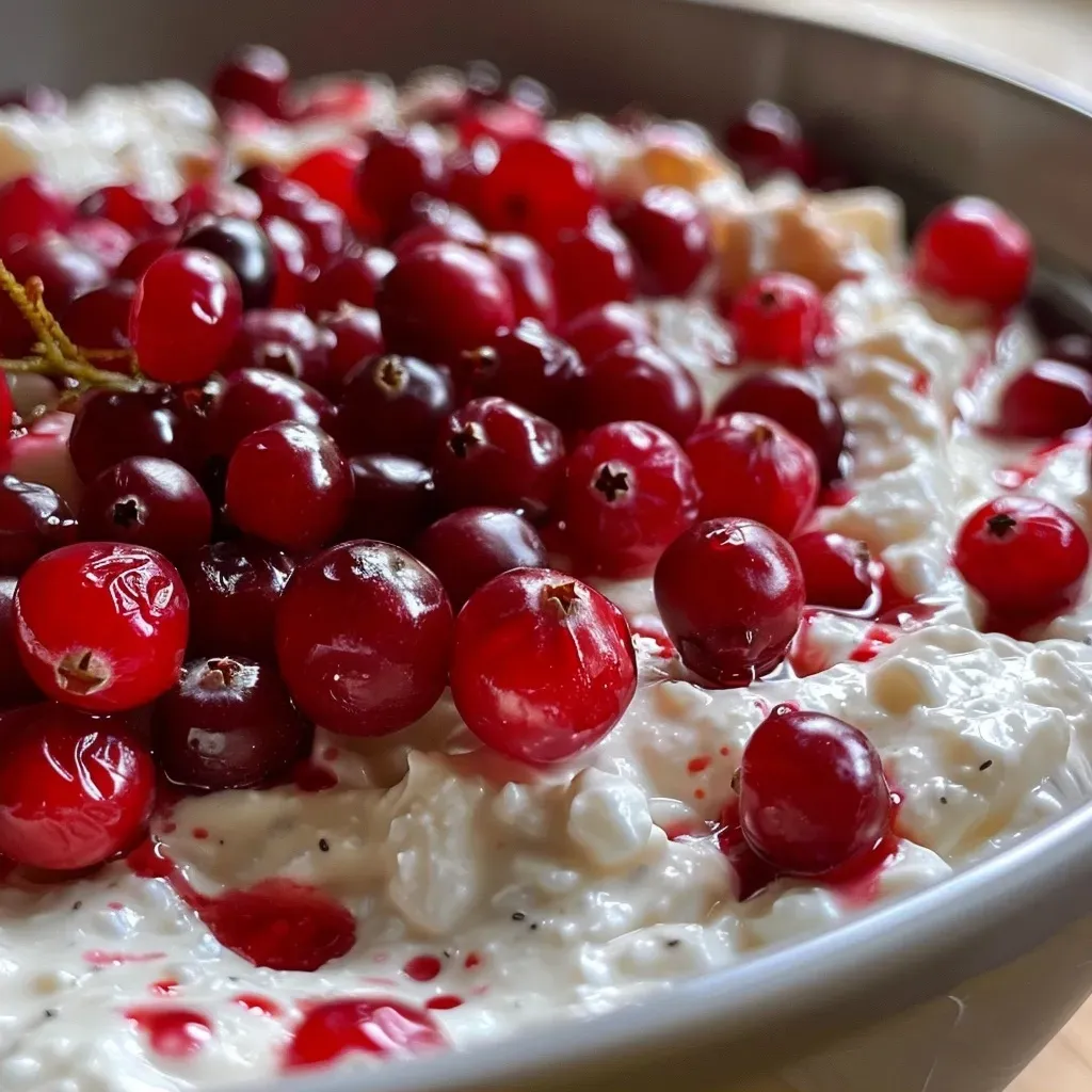 A close-up side view of a creamy cranberry dip in a bowl.