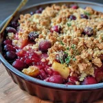 ['Close-up view of a freshly baked Cranberry Apfel Crumble with a golden topping.', 'Side view of warm Cranberry Apfel Crumble, showcasing juicy cranberries and diced apples.', 'Delicious looking Cranberry Apfel Crumble in a dish, highlighting its crumbly texture.', 'A portion of Cranberry Apfel Crumble with visible cranberries and apple chunks on a plate.']