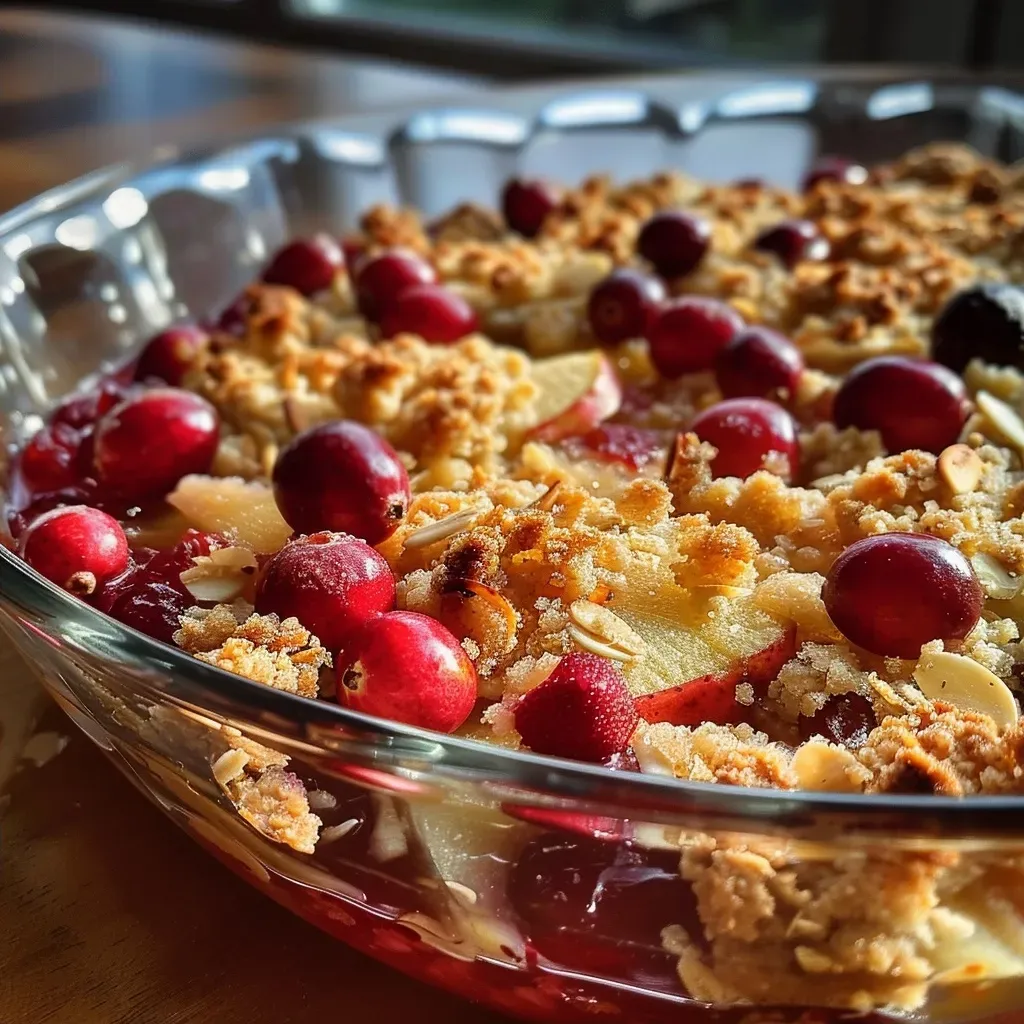 ['Close-up view of a freshly baked Cranberry Apfel Crumble with a golden topping.', 'Side view of warm Cranberry Apfel Crumble, showcasing juicy cranberries and diced apples.', 'Delicious looking Cranberry Apfel Crumble in a dish, highlighting its crumbly texture.', 'A portion of Cranberry Apfel Crumble with visible cranberries and apple chunks on a plate.']