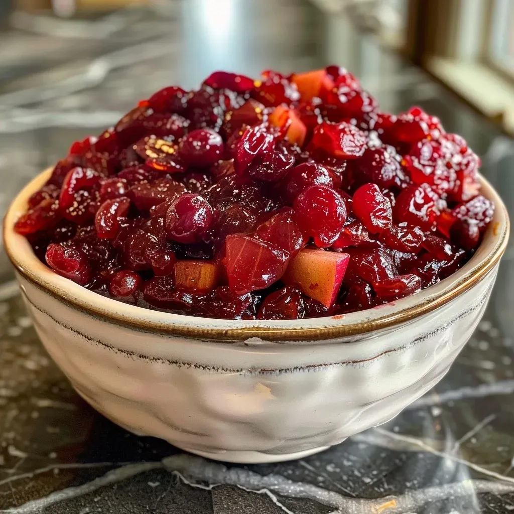 ['A close-up view of a vibrant, chunky cranberry chutney in a glass jar, showcasing its rich red color and visible ingredients.', 'Side view of a delicious cranberry chutney, highlighting its texture with cranberries, apple pieces, and spices visible.', 'Close-up shot of cranberry chutney with a glossy finish, displaying chunks of cranberries, raisins, and spices.', 'A detailed view of homemade cranberry chutney in a bowl, filled with various colorful ingredients.']