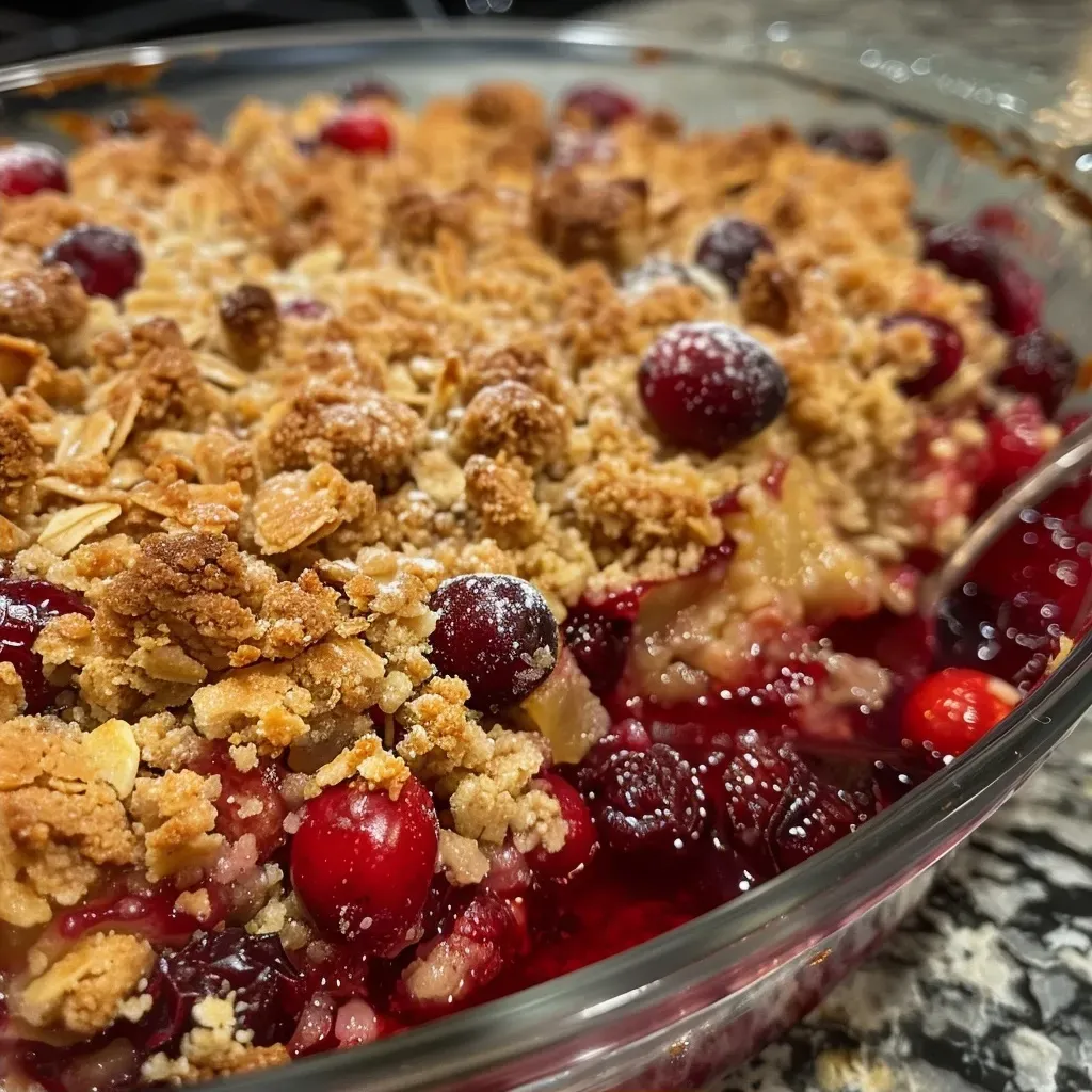 ['Close-up view of a delicious cranberry crumble with a golden crust.', 'Side view of a freshly baked cranberry crumble, showcasing its juicy filling.', 'Juicy cranberry crumble topped with a crispy oat and flour mixture.', 'Detailed shot of a cranberry crumble dessert, highlighting its texture and ingredients.']