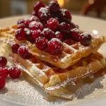 ['Close-up view of delicious cranberry waffles topped with syrup and fresh cranberries.', 'Side angle of golden-brown cranberry waffles drizzled with maple syrup.', 'Juicy cranberry waffles with a sprinkle of granulated sugar and fresh cranberries.', 'Mouthwatering stack of cranberry waffles garnished with syrup and whole cranberries.']