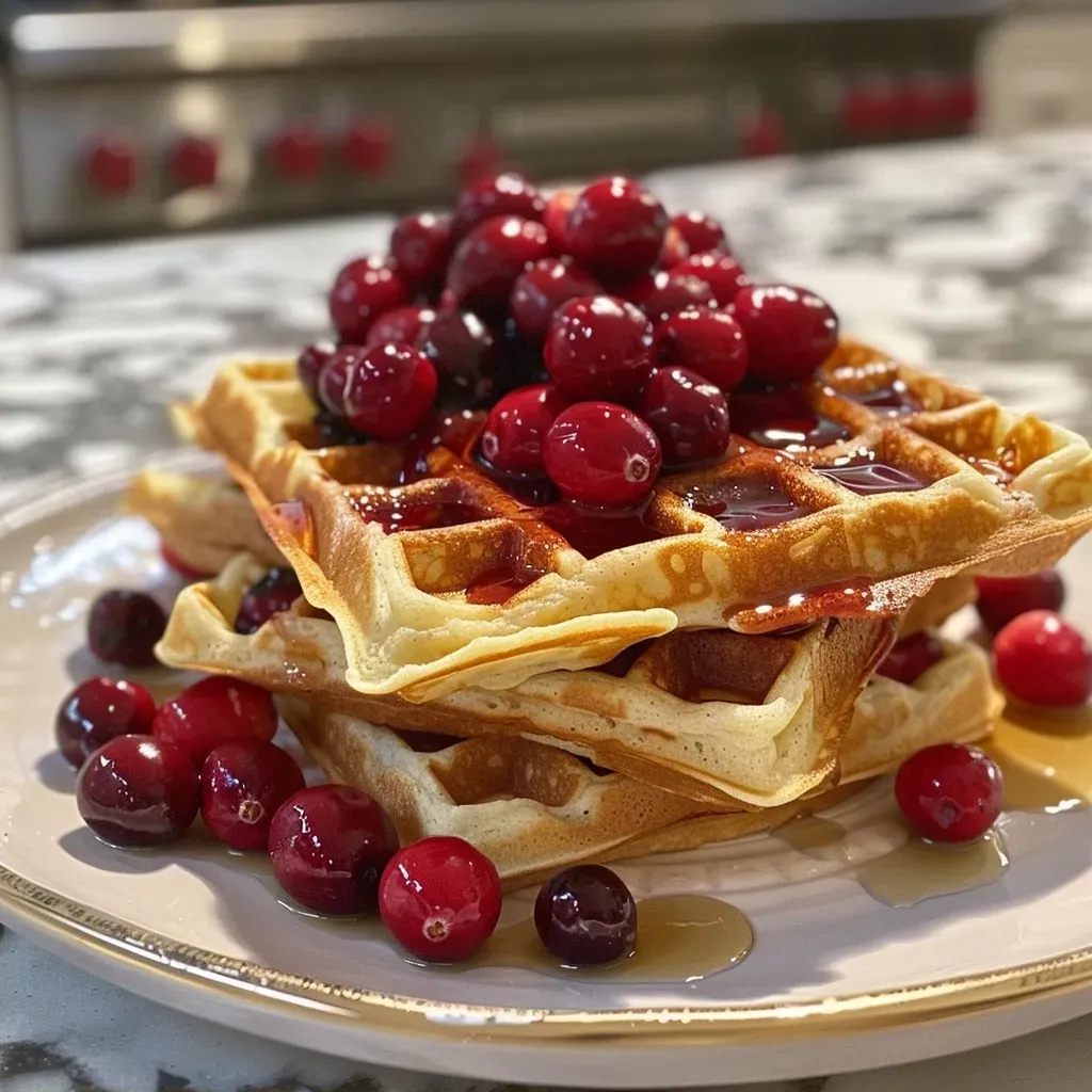['Close-up view of delicious cranberry waffles topped with syrup and fresh cranberries.', 'Side angle of golden-brown cranberry waffles drizzled with maple syrup.', 'Juicy cranberry waffles with a sprinkle of granulated sugar and fresh cranberries.', 'Mouthwatering stack of cranberry waffles garnished with syrup and whole cranberries.']