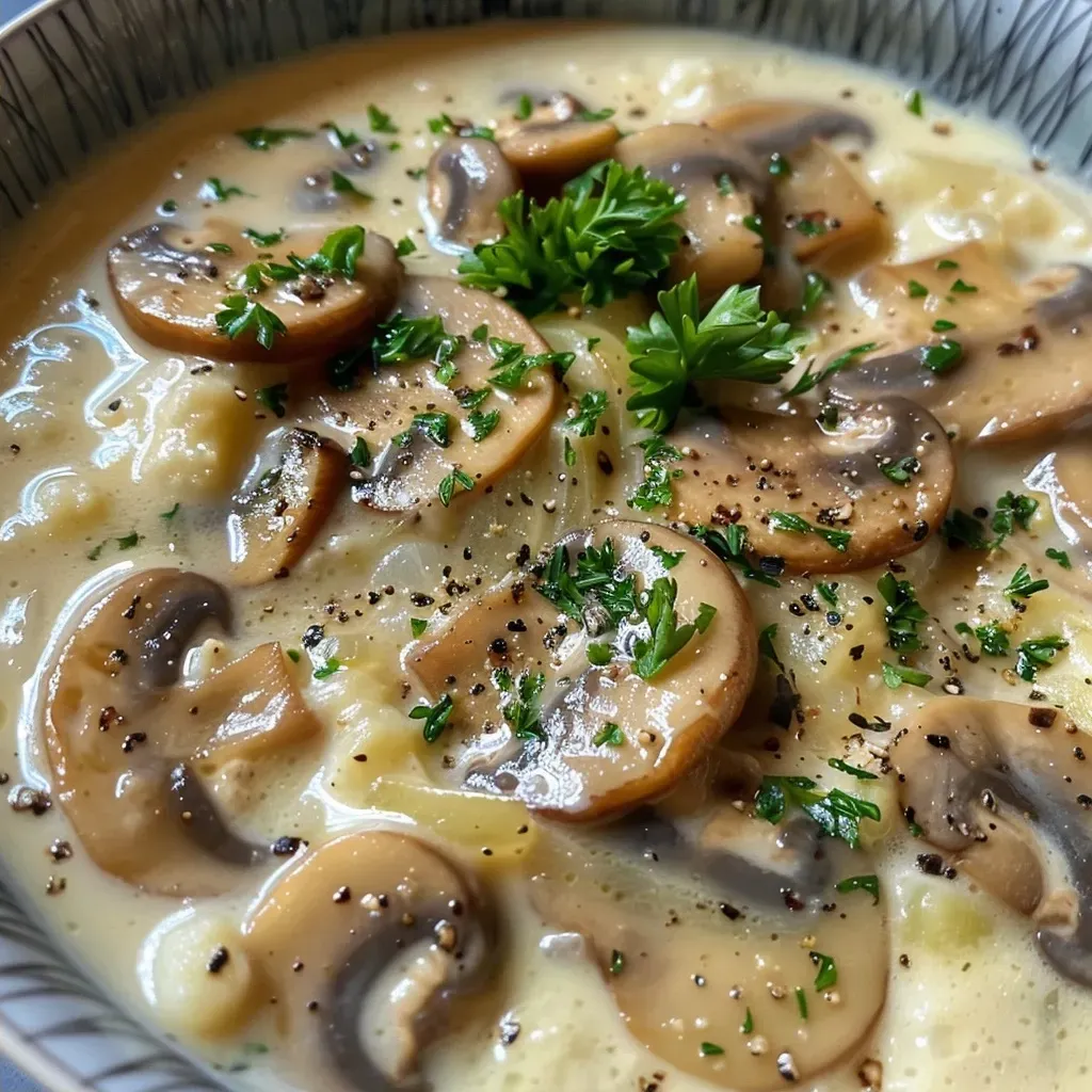 A creamy soup with visible chunks of mushrooms and herbs in a bowl.