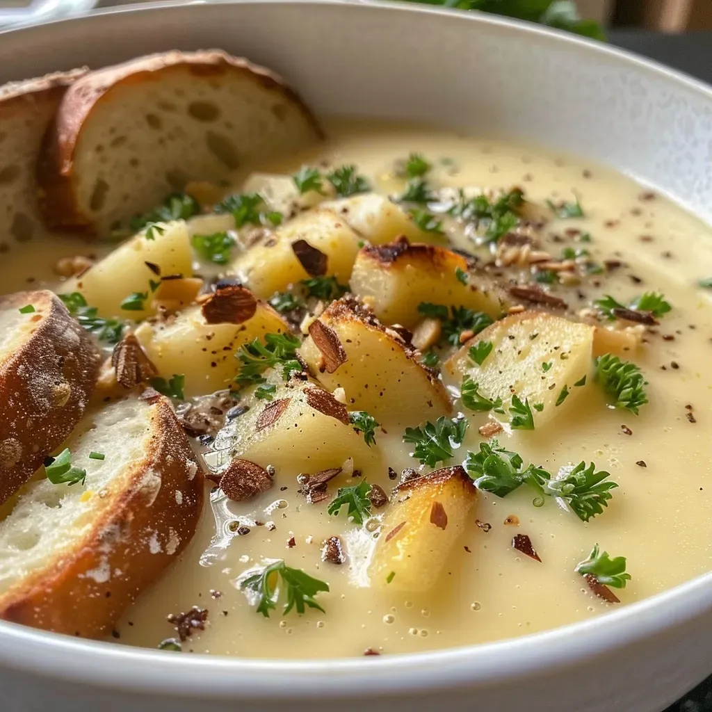 ['A creamy bowl of selleriesuppe topped with fresh herbs.', 'Close-up view of a delicious celery soup with a smooth consistency.', 'A side angle of a bowl of creamy selleriesuppe garnished with parsley.', 'A rich and creamy celery soup presented with slices of whole grain bread.']