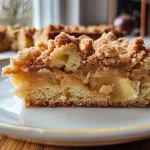 ['A close-up view of creamy cheesecake topped with cinnamon streusel and served with apple sauce.', 'Side view of a delicious cheesecake with a golden brown streusel topping and apple sauce on the side.', 'Juicy cheesecake with a layer of cinnamon streusel, showcasing its creamy texture and apple sauce accompaniment.', 'Creamy cheesecake slice with a crunchy cinnamon topping and a dollop of apple sauce.']