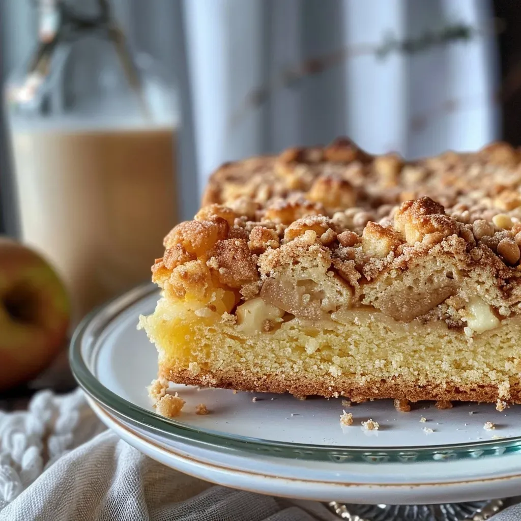 ['A close-up view of creamy cheesecake topped with cinnamon streusel and served with apple sauce.', 'Side view of a delicious cheesecake with a golden brown streusel topping and apple sauce on the side.', 'Juicy cheesecake with a layer of cinnamon streusel, showcasing its creamy texture and apple sauce accompaniment.', 'Creamy cheesecake slice with a crunchy cinnamon topping and a dollop of apple sauce.']