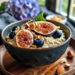 ['Creamy porridge topped with fresh figs, blueberries, and hazelnuts.', 'Close-up view of porridge with figs, coconut, and a drizzle of syrup.', 'Side view of a bowl of porridge garnished with sliced figs and nuts.', 'Delicious creamy porridge featuring fresh figs and a sprinkle of coconut.']