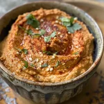 ['Close-up view of a creamy red pepper and walnut dip in a bowl.', 'Side angle of a vibrant red paprika walnut dip with a spoon resting in it.', 'Textured creamy dip made from red peppers and walnuts, displayed in a dish.', 'A delicious-looking dip made from roasted red peppers and walnuts, ready for serving.']