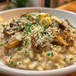 ['Creamy, green Wirsingrisotto with a crunchy hazelnut topping.', 'Close-up of rich risotto with cooked savoy cabbage and nuts.', 'Vibrant plate of creamy risotto featuring hazelnuts and herbs.', 'Delicious, plated Wirsingrisotto garnished with crushed nuts.']