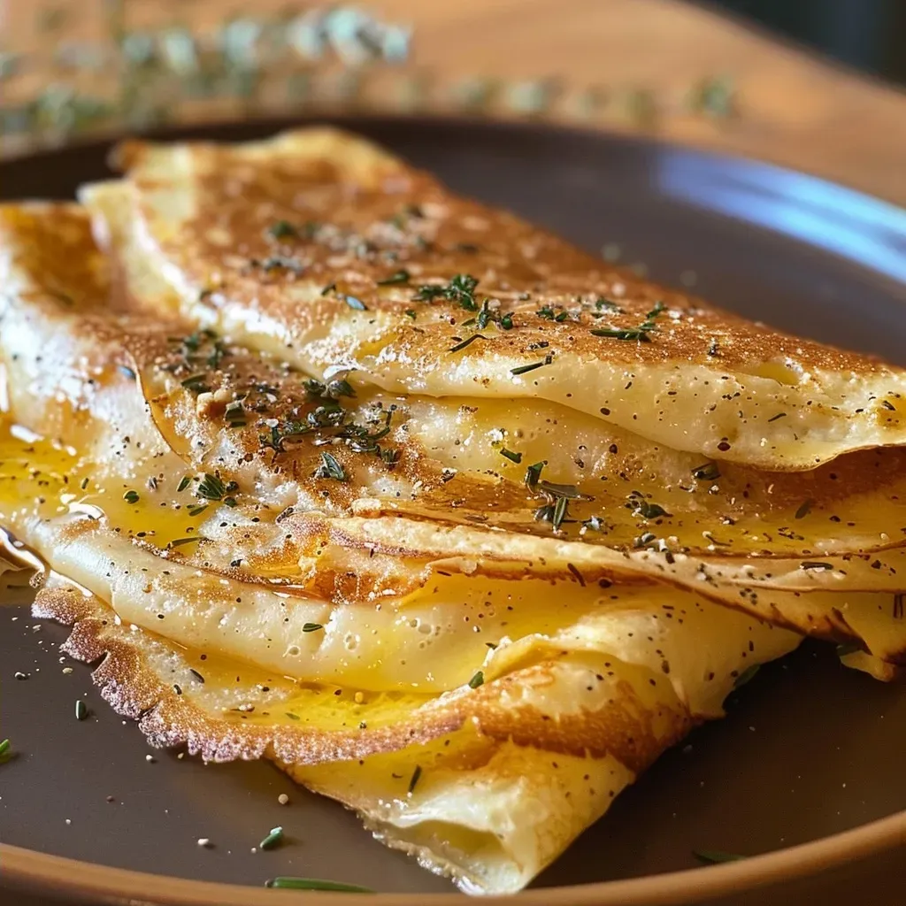 ['A close-up view of Crêpes au Potimarron, showcasing the rich orange filling and crispy edges.', 'A side angle photo of Crêpes au Potimarron, highlighting the golden-brown color and garnishes.', 'Detailed shot of Crêpes au Potimarron filled with pumpkin puree, topped with herbs and nuts.', 'Close-up image of a crêpe revealing its creamy pumpkin filling, sprinkled with chives and walnuts.']
