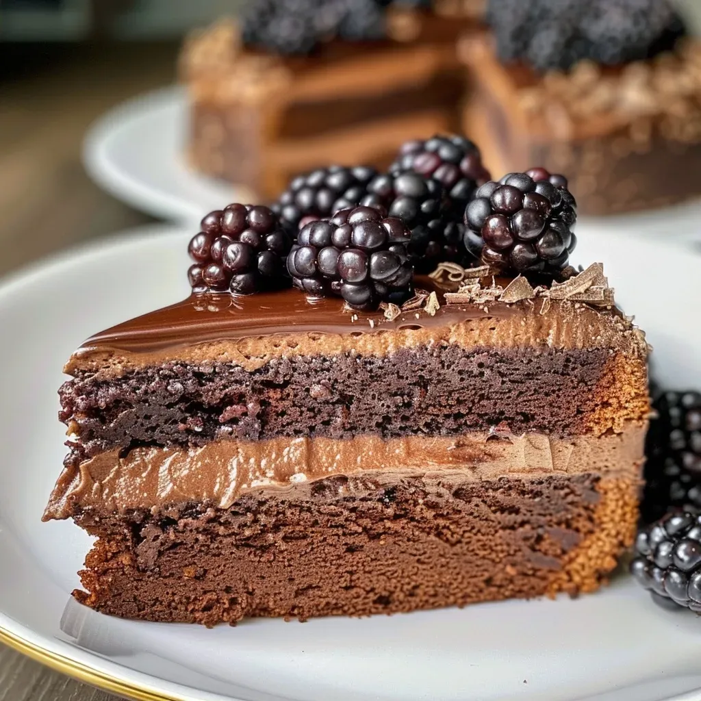 ['Side view of a dark chocolate blackberry cake with fresh blackberries on top.', 'Close-up shot of a rich dark chocolate cake layered with blackberry frosting.', 'Juicy dark chocolate blackberry cake seen from the side, showcasing its layers.', 'A luscious slice of dark chocolate cake adorned with blackberries and frosting.']