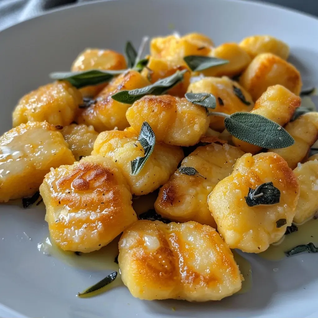 ['Close-up view of a plate of golden pumpkin gnocchi with sage leaves.', 'Side view of fluffy pumpkin gnocchi drizzled with vegan butter.', 'A vibrant serving of pumpkin gnocchi surrounded by fresh sage sprigs.', 'Textured pumpkin gnocchi on a plate, highlighting its rich orange color.']