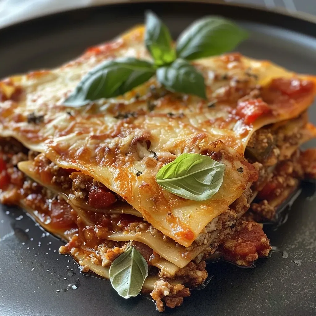 ['Close-up view of a juicy lasagna slice, showcasing layers of meat, cheese, and sauce.', 'Side view of a delicious homemade lasagna with rich meat and cheese layers.', 'Appetizing close-up of a portion of lasagna, highlighting melted mozzarella and herbs.', 'Detailed image of a lasagna slice, revealing ingredients like ground meat and ricotta.']