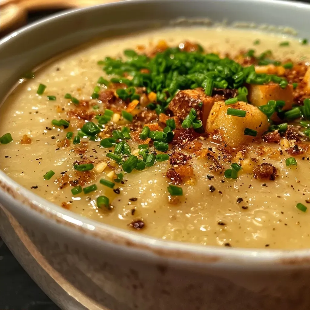 A close-up view of creamy Rosenkohlsuppe in a bowl, featuring Brussels sprouts and garnished with herbs.