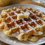 ['Close-up side view of golden-brown waffles stacked on a plate, glistening with syrup.', 'A delicious stack of fluffy waffles displaying a crispy exterior, ready to be enjoyed.', 'Juicy, homemade waffles with a soft texture, presented elegantly on a white plate.', 'Side view of warm waffles topped with a drizzle of syrup, showcasing their inviting look.']